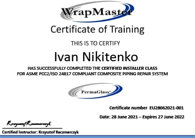 Сертификат монтажника по ремонтным манжетам WrapMaster - eu001