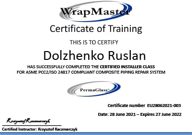 Сертификат монтажника по ремонтным манжетам WrapMaster - eu003